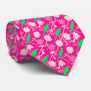 ART DECO PINK WHITE FLOWERS WITH GREEN PARROTS TIE