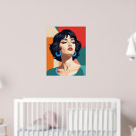 "Art Deco Portrait with Geometric Background Poster<br><div class="desc">A stylised, vector-based illustration inspired by early 20th-century poster art and Art Deco features a young woman with a light skin tone. Her head is turned slightly to her right, gazing upward with short, dark wavy hair framing her face. Her eyes are sharply outlined in black with light beige irises,...</div>