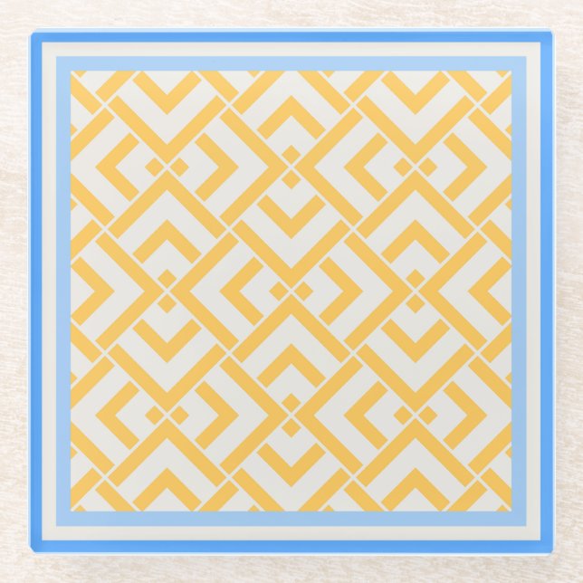Art deco print in vibrant colours yellow glass coaster (Front)