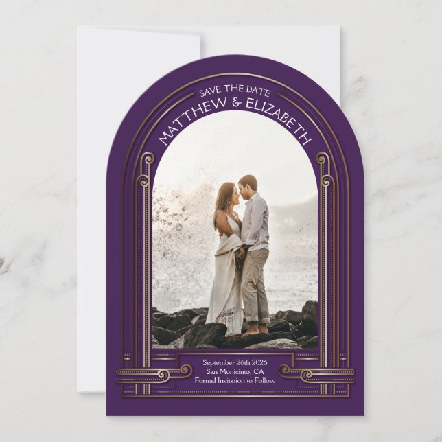 Art Deco Purple Bronze Arch Save the Date Invitation (Front)