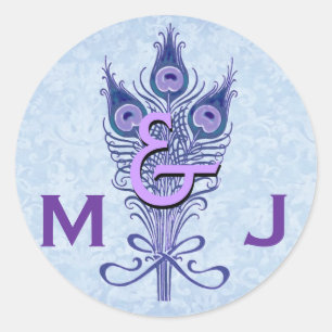 Art Deco Purple Peacock Feathers Monogram Wedding Classic Round Sticker