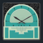 Art Deco Radiola (3 Greens and a Black) Square Wall Clock<br><div class="desc">The original digital painting on this cool clock was inspired by a 1930's Art Deco radio design. Using various shading techniques to suggest a 3-D Bakelite clock set against a black wallpaper with wiry thin white circle pattern, this wall clock is sure to collect comments and praise for your good...</div>