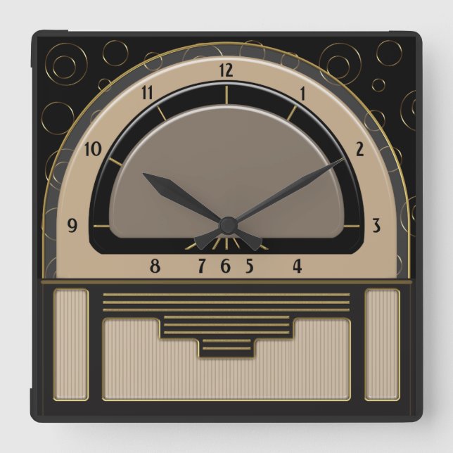Art Deco Radiola (Latte, Greige, Black, Gold) Square Wall Clock (Front)