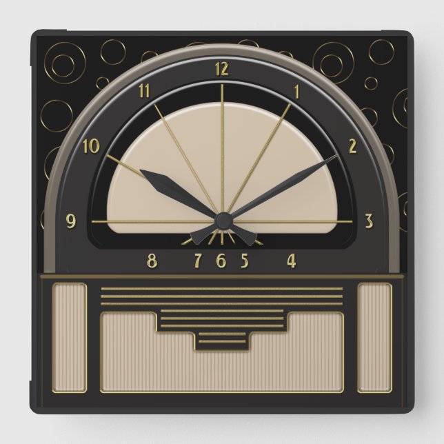 Art Deco Radiola (Sand, Dark Grey, Black, Gold) Square Wall Clock (Front)