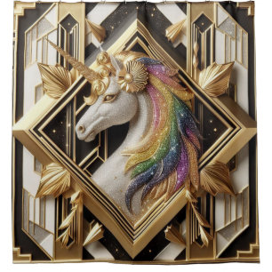 Art Deco Rainbow Faux Glitter Unicorn Shower Curtain