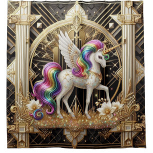 Art Deco Rainbow Faux Glitter Unicorn Shower Curtain
