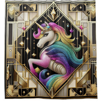 Art Deco Rainbow Faux Glitter Unicorn Shower Curtain