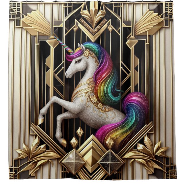 Art Deco Rainbow Faux Glitter Unicorn Shower Curtain (Front)