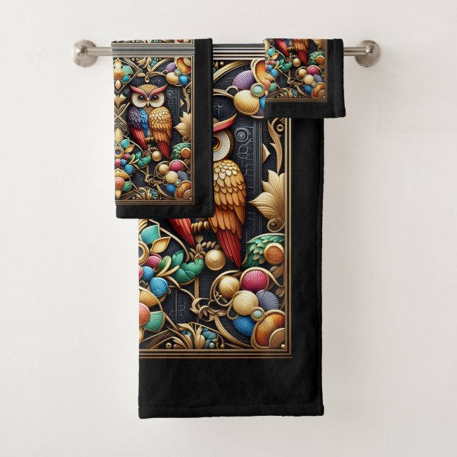 Art Deco Rainbow Owl Bath Towel Set (Insitu)