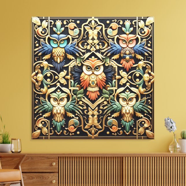 Art Deco Rainbow Owls Canvas Print (Insitu(LivingRoom))