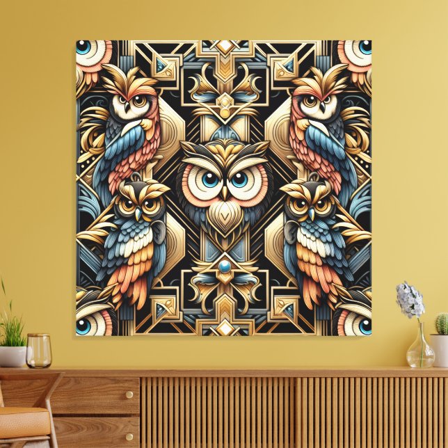 Art Deco Rainbow Owls Canvas Print (Insitu(LivingRoom))