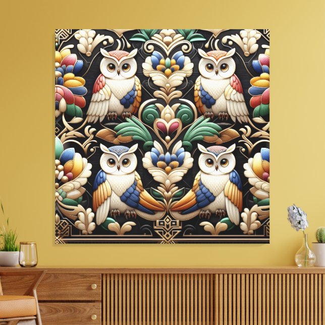 Art Deco Rainbow Owls Canvas Print (Insitu(LivingRoom))
