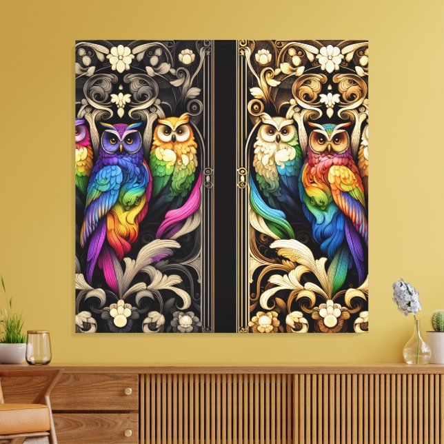 Art Deco Rainbow Owls Canvas Print (Insitu(LivingRoom))