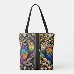 Art Deco Rainbow Owls Tote Bag