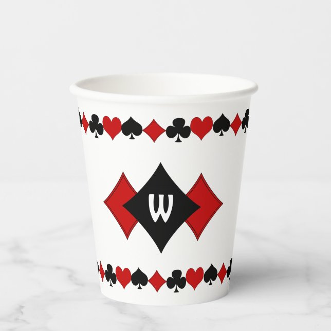 Art Deco Red and Black Card Suits Monogrammed Paper Cups (Front)