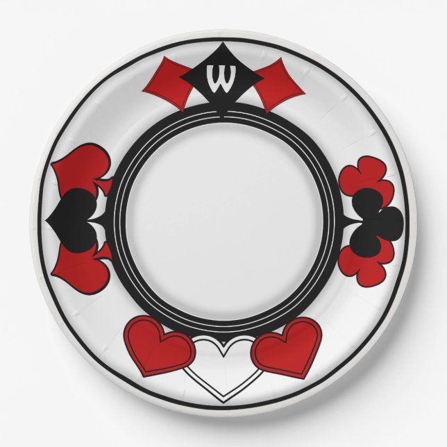 Art Deco Red and Black Card Suits Monogrammed Paper Plate (Front)