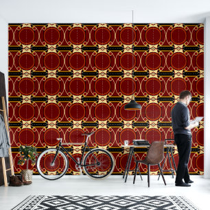 Art Deco Red and Black Circular Pattern Wallpaper