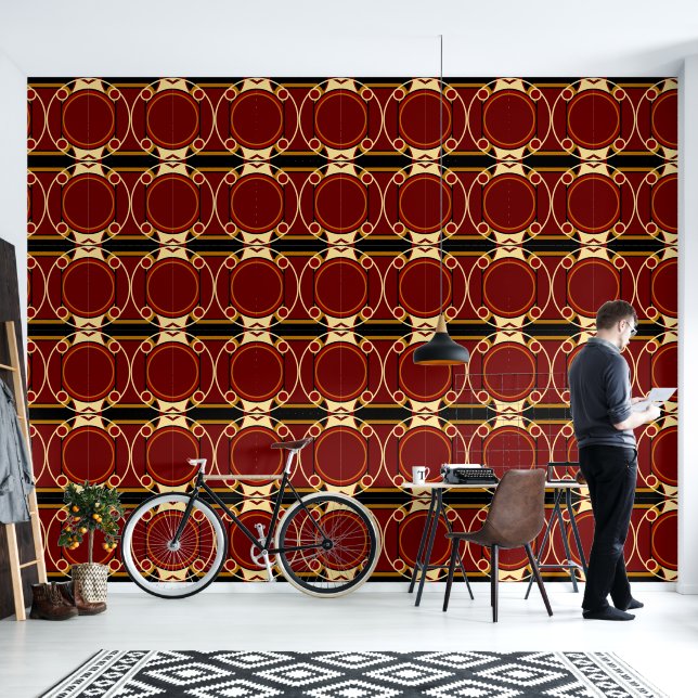 Art Deco Red and Black Circular Pattern Wallpaper (Living Room)