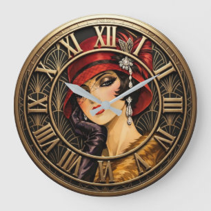 Art Deco Red Cloche Lady Large Clock