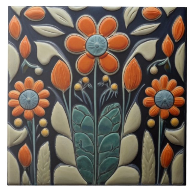 Art Deco Red Flowers Tile (Front)