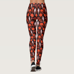 ART DECO RED FLOWERS,WHITE PARROTS ON BLACK LEGGINGS