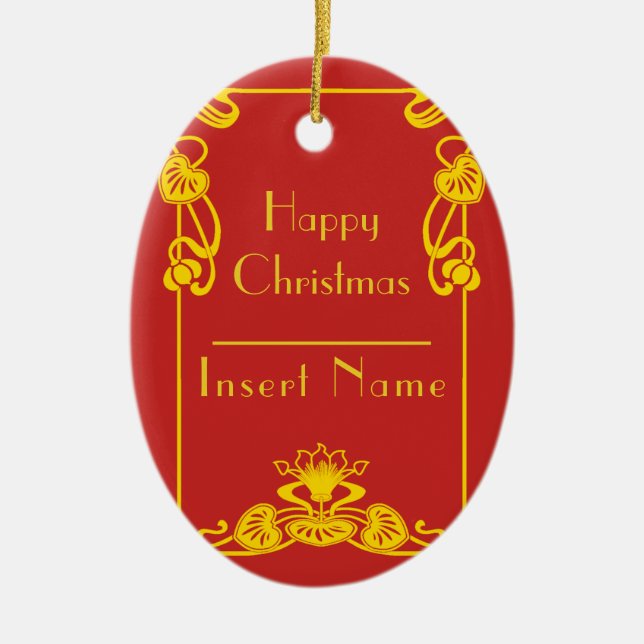 Art Deco Red Gold Bordered Ceramic Tree Decoration (Front)