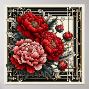 Art Deco Red Peonies Poster