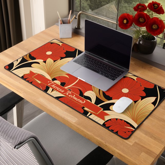 Art Deco Red Poppies Personalised Desk Mat (Creator Uploaded)