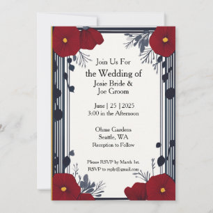 Art deco red poppies wedding invitation