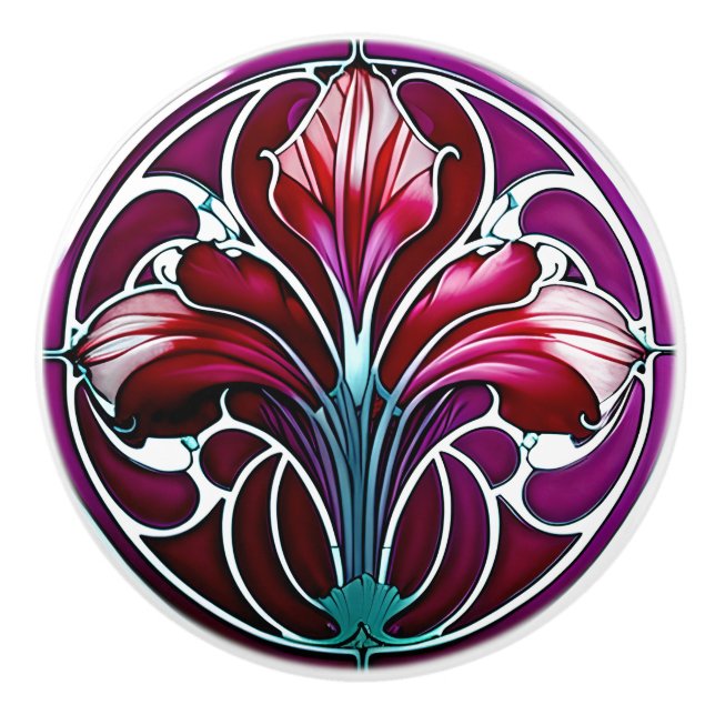 Art Deco Red Purple Stylised Lily 2 Ceramic Knob (Front)