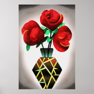 Art Deco Red Roses In Vase Abstract Art Poster