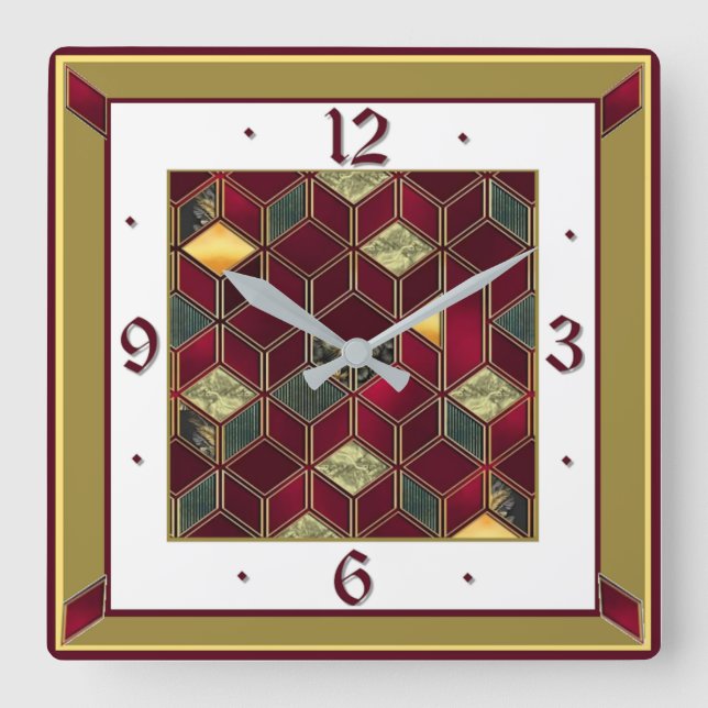 Art Deco Red Square Wall Clock (Front)