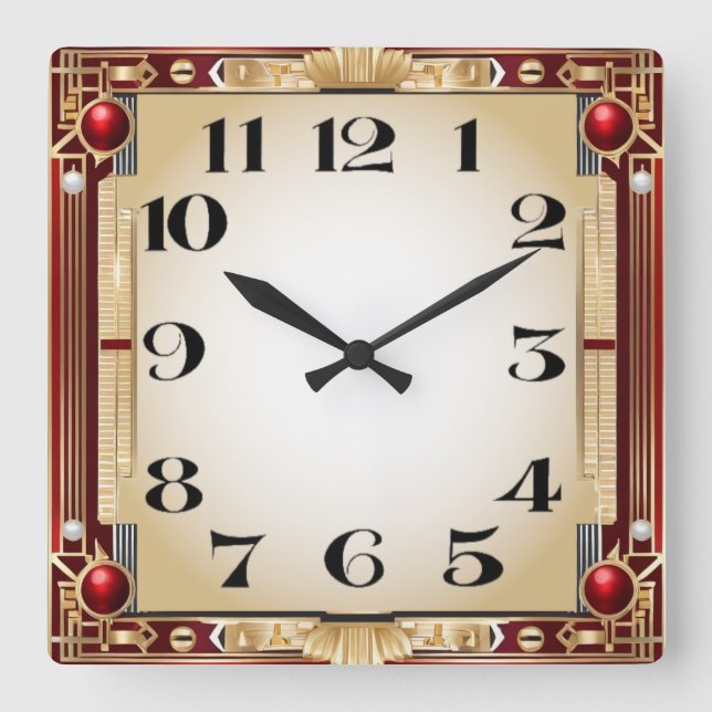 Art Deco Red Square Wall Clock (Front)