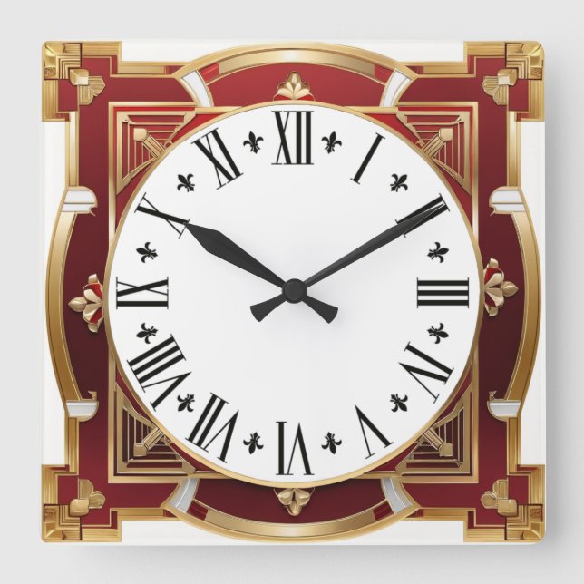  Art Deco Red Square Wall Clock (Front)