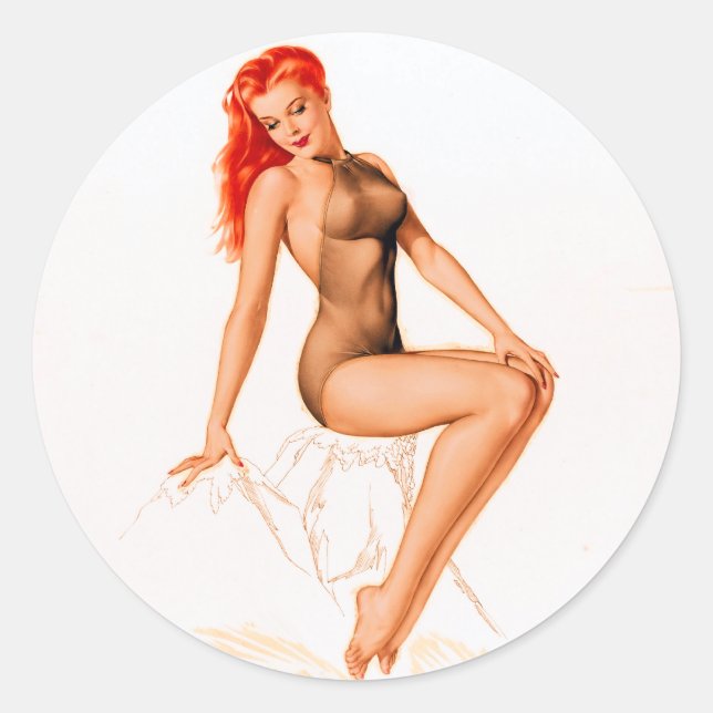 Art Deco Redhead Pin Up Classic Round Sticker (Front)