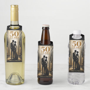 Art Deco Retro Black & Gold Wedding Anniversary Bottle Tag