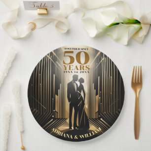 Art Deco Retro Black & Gold Wedding Anniversary Paper Plate