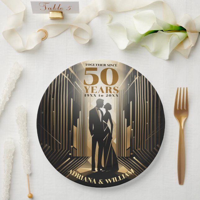 Art Deco Retro Black & Gold Wedding Anniversary Paper Plate (Wedding)