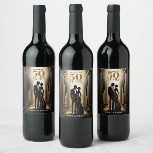 Art Deco Retro Black & Gold Wedding Anniversary Wine Label
