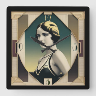 Art Deco retro girl Square Wall Clock