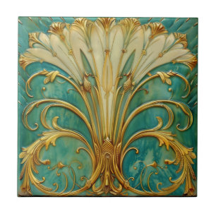 Art Deco Retro Gold Turquoise Trumpet Flower Tile
