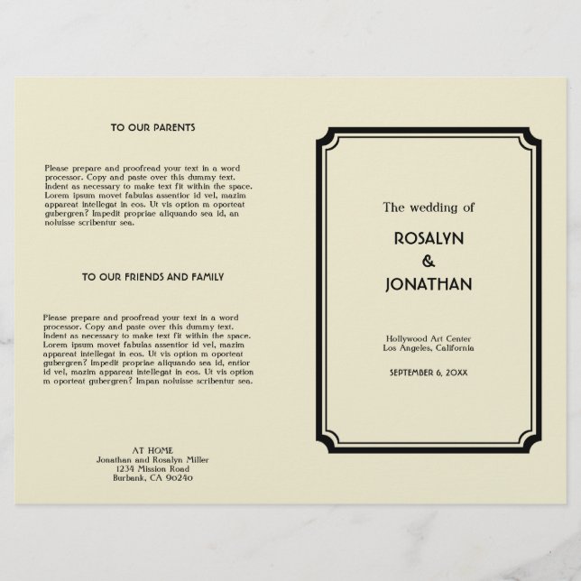Art deco retro Hollywood glam wedding program (Front)