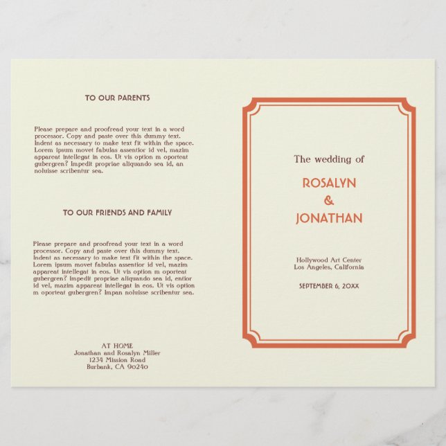 Art deco retro orange brown wedding program (Front)