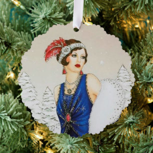 Art Deco retro vintage add text lady Tree Decoration Card