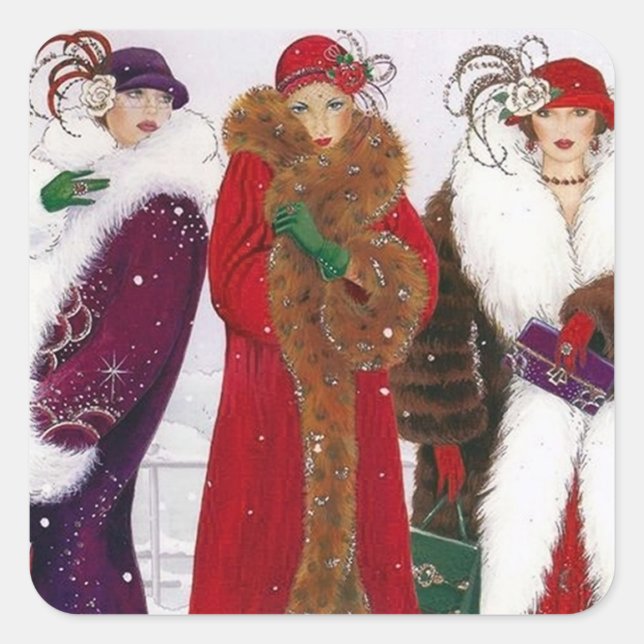 Art deco retro vintage Christmas ladies sticker (Front)