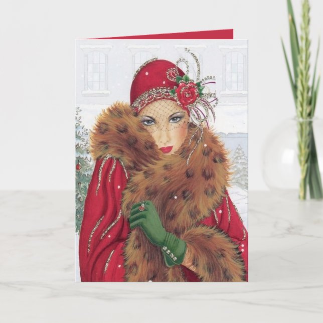 Art Deco Retro vintage Christmas lady  Card (Front)