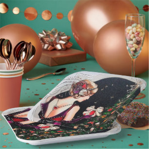 Art deco retro vintage Christmas Lady party Paper Plate