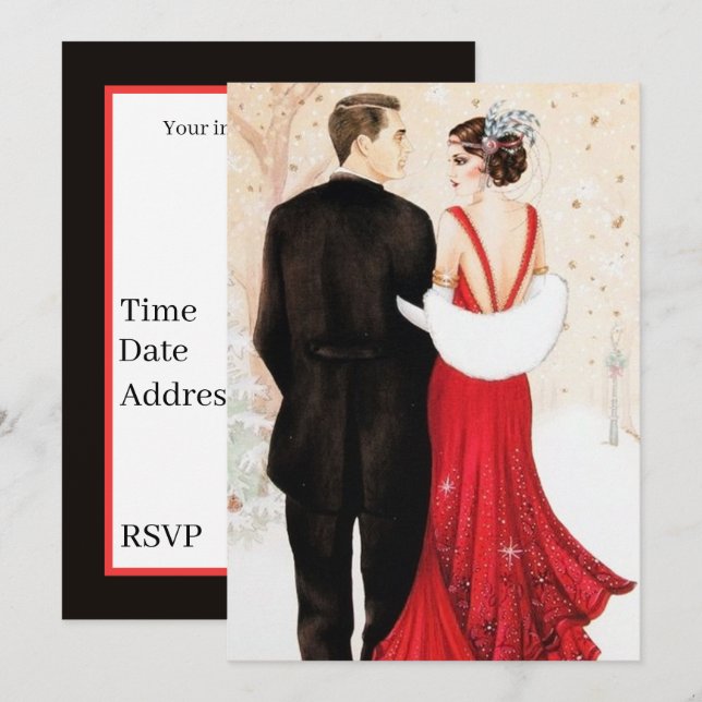 Art Deco retro vintage couple message Christmas Invitation (Front/Back)