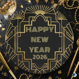 Art Deco Roaring 20s Black Gold New Year 2026 Paper Plate