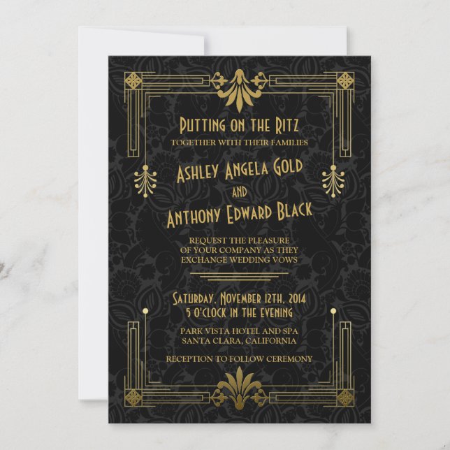 Art Deco Roaring 20s Black Gold Wedding Invitation (Front)